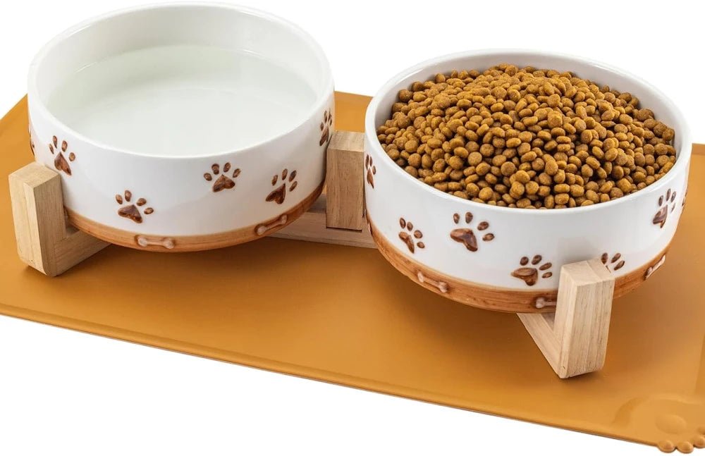 Ceramic Dog Bowl Set with Wooden Stand