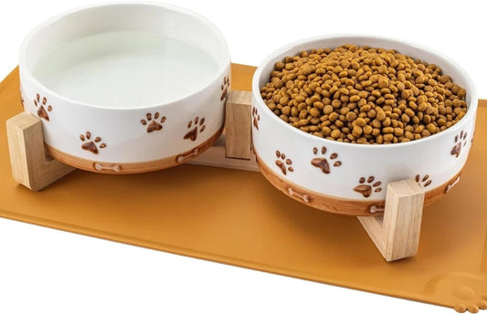 Ceramic Dog Bowl Set with Wooden Stand