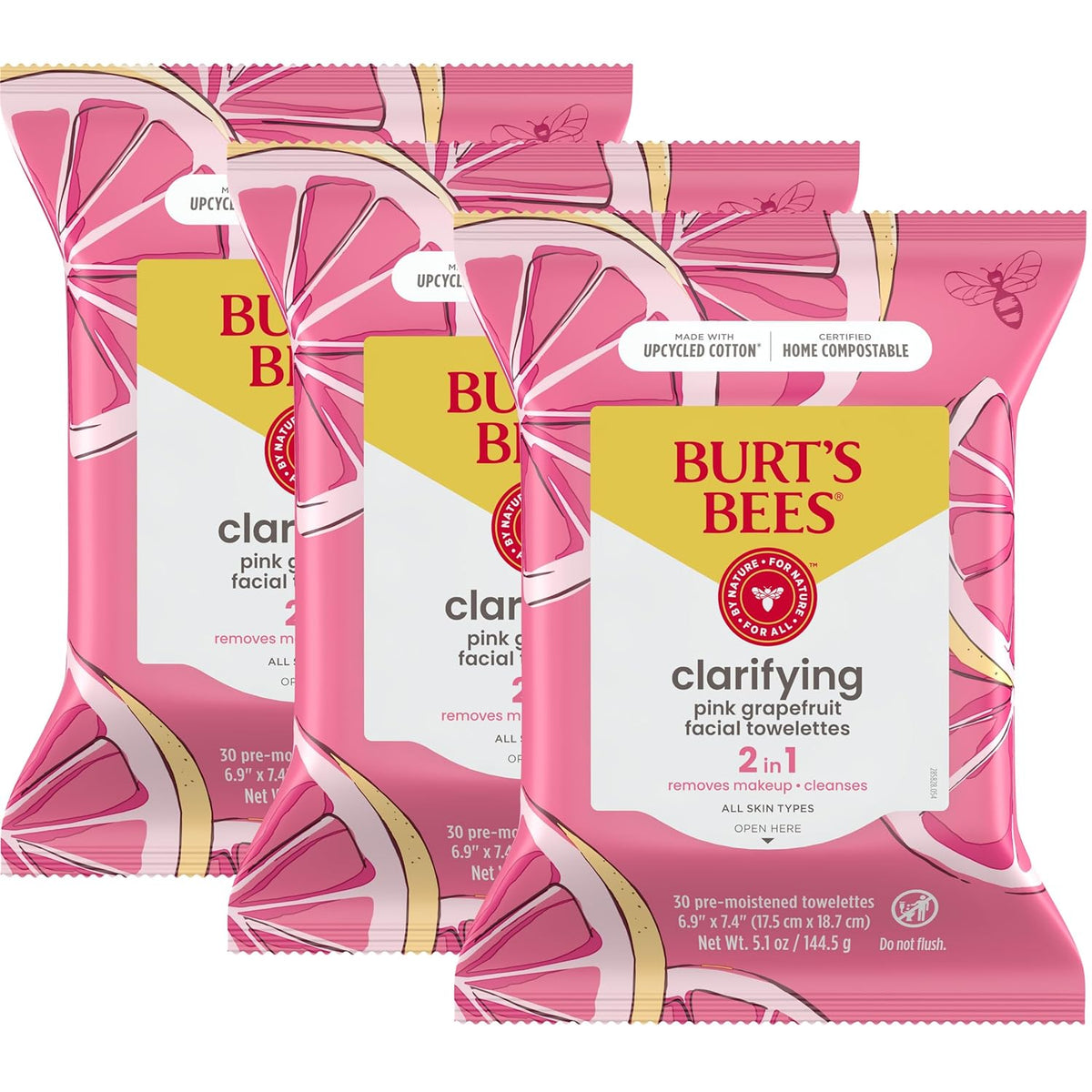 Pink Grapefruit Face Wipes, for All Skin Types, Hydrating Makeup Remover & Facial Cleansing Towelettes, 30 Ct. (3-Pack)