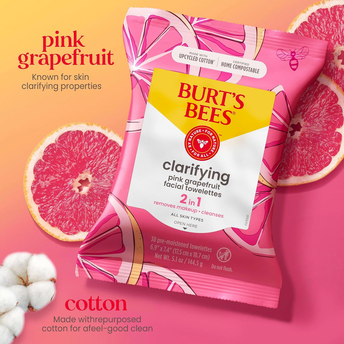 Pink Grapefruit Face Wipes, for All Skin Types, Hydrating Makeup Remover & Facial Cleansing Towelettes, 30 Ct. (3-Pack)